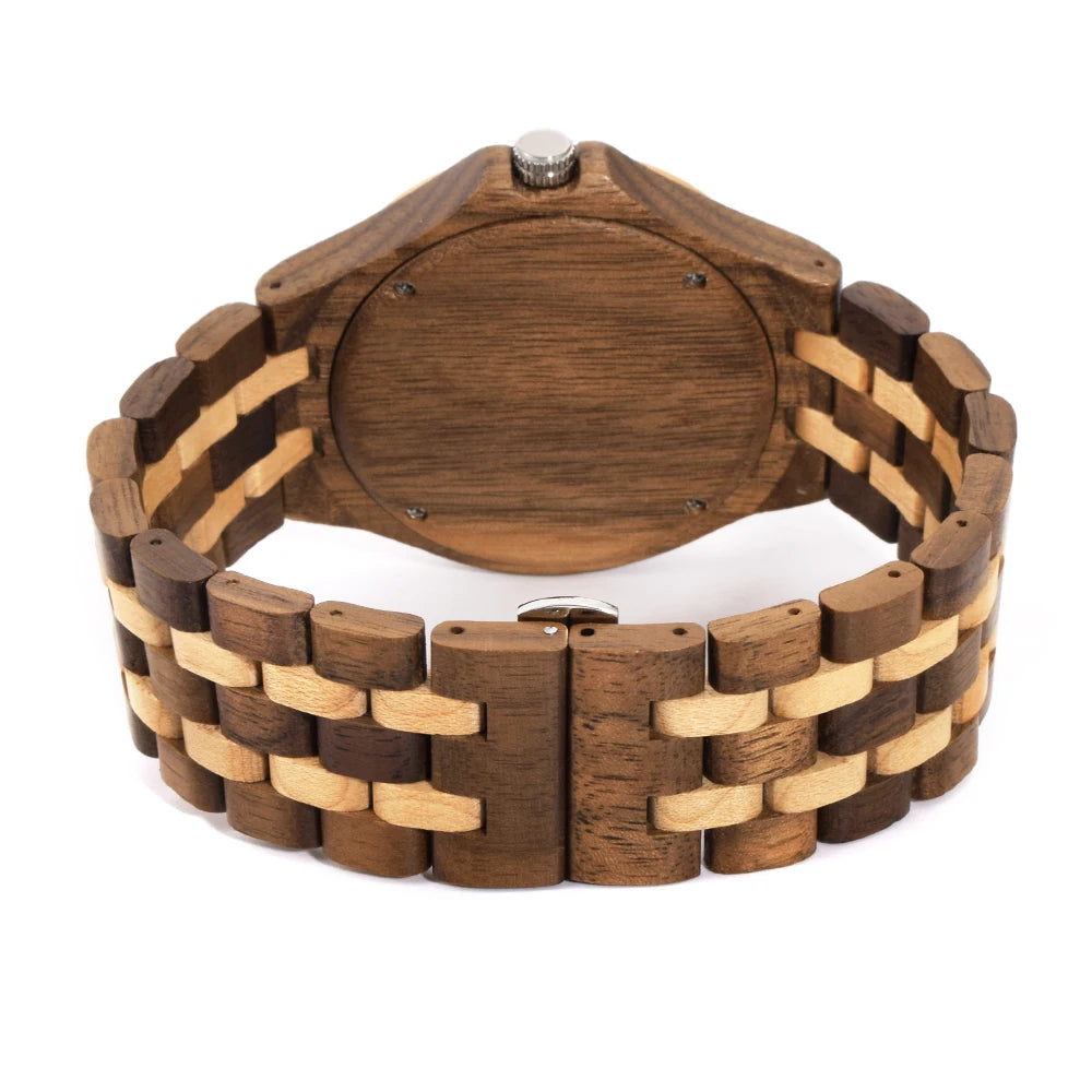 Fashion Men Natural Wood Watch Luminous Dial Date Calendar Fold Clasp Lightweight Casual Quartz Wristwatch