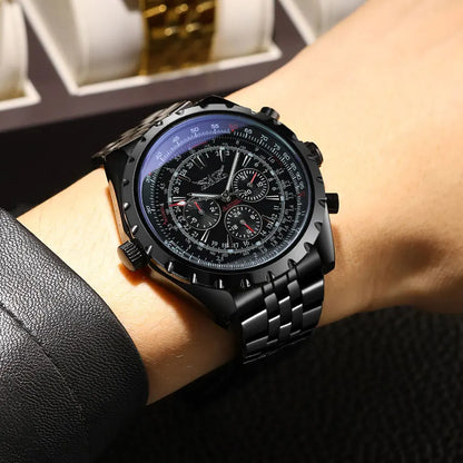JARAGAR Original Blue Glass Big Dial Multifunctional Automatic Men's Watches Stainless Steel Vintage Mechanical Waterproof Clock