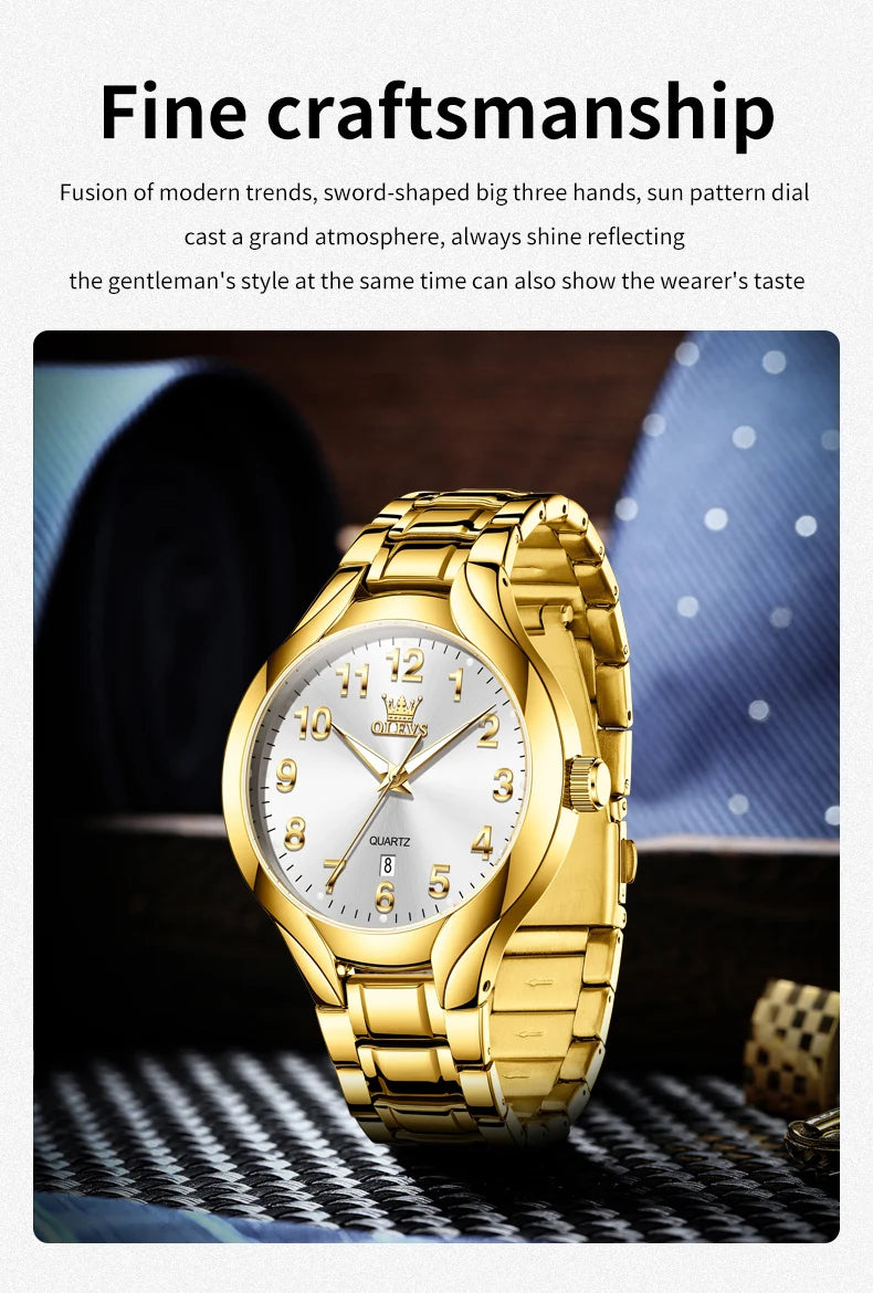 OLEVS 3650 Gold Watches for Men Classic Large Digital Dial Auto Date Waterproof Luminous Original Men's Quartz Wristwatch New