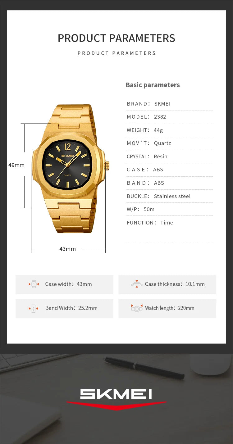 Skmei Bracelet Watches for Mens Analog Display 50M Waterproof Simple Style Quartz Wristwatch
