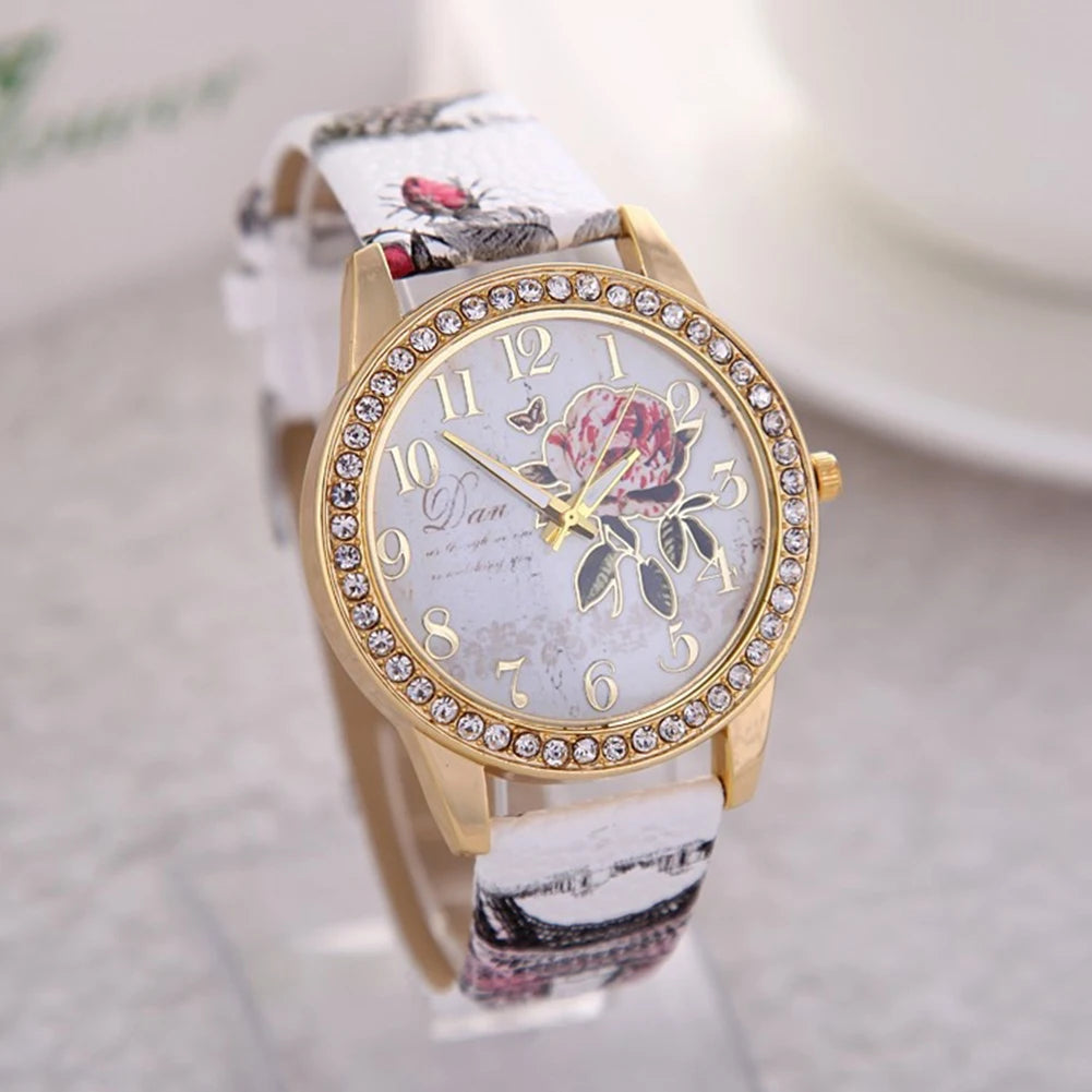 Fashion Ladies Watches Women Printed Flower Watch Luxury Casual Quartz Leather Wrist Watch Fashion Female Dress Clocks Relogio