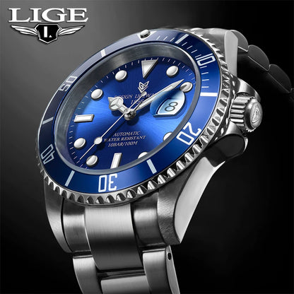 LIGE Top Brand Vintage Mechanical Watches Men Fashion Business Luxury Mens Watch Waterproof Luminous Automatic Wristwatch Reloj