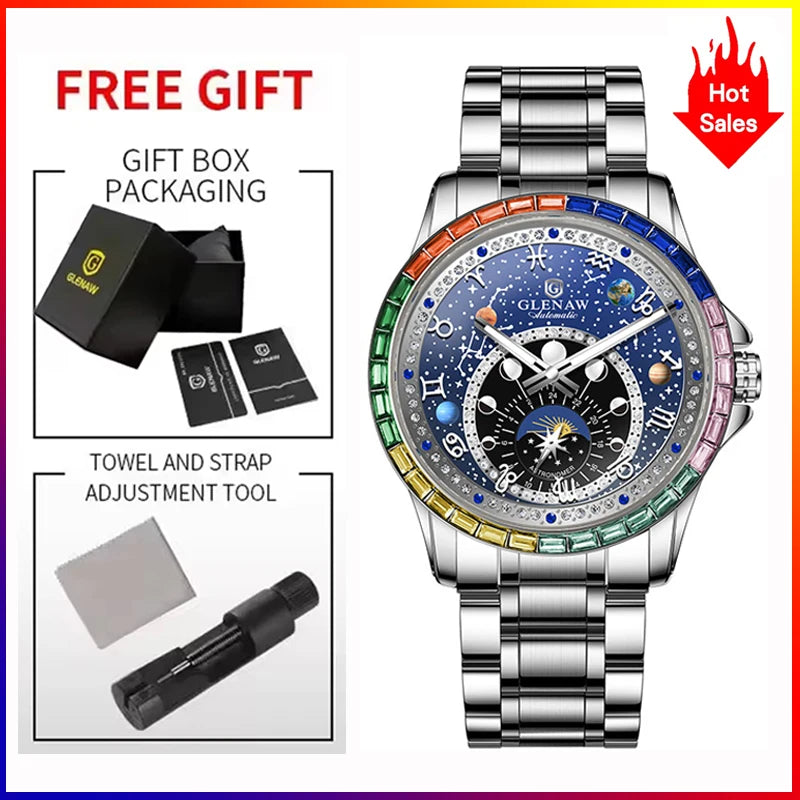 2026 GLENAW New Design Rainbow Circle Mechanical Watch Men Constellation Dial Night Light Waterproof Top Luxury Mechanical Watch