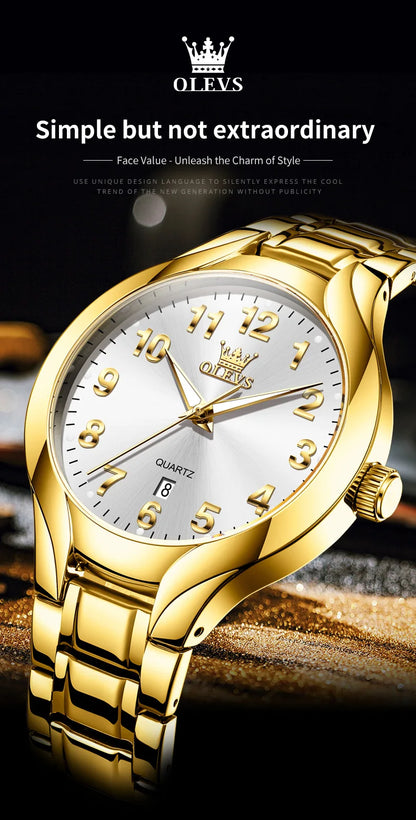 OLEVS 3650 Gold Watches for Men Classic Large Digital Dial Auto Date Waterproof Luminous Original Men's Quartz Wristwatch New