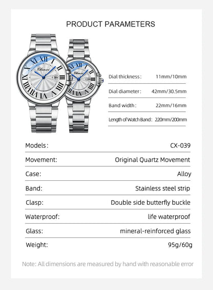 CHENXI 039 Couple Exquisite Watch Quartz Top Brand Luxury Fashion Stainless Steel Silver White Male and Female Couple Watch Gift