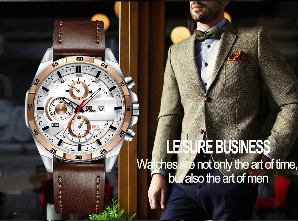 Men Sports Watch 46mm Black Leather Racing Series Everyday Wear  Fashion Original Rose Gold Dial Quartz Watches Relogio Masculin