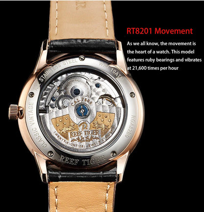 Waterproof Mechanical Watch for Men with Date and Power Reserve Display Stainless Steel Case sapphire Crystal 42mm Large Dial