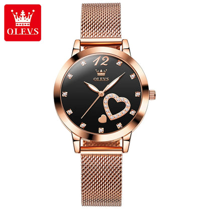OLEVS 5189 Top Quartz Watch for Women Mesh Steel Strap Heart Design Waterproof Watches Simple Fashion Elegant Ladies Wristwatch