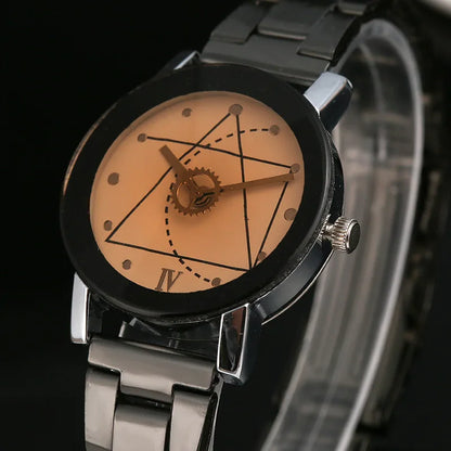 New Couple Watches Men Gear Triangle Pointer Compass Dial Second Hand Watch Women Stainless Steel Watches Relogio Feminino Clock