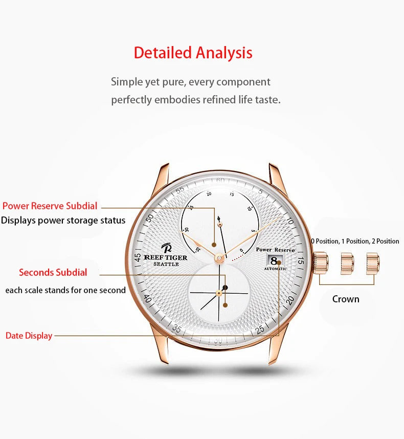 Waterproof Mechanical Watch for Men with Date and Power Reserve Display Stainless Steel Case sapphire Crystal 42mm Large Dial