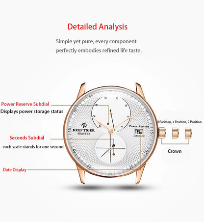Waterproof Mechanical Watch for Men with Date and Power Reserve Display Stainless Steel Case sapphire Crystal 42mm Large Dial