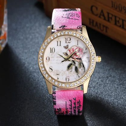 Fashion Ladies Watches Women Printed Flower Watch Luxury Casual Quartz Leather Wrist Watch Fashion Female Dress Clocks Relogio
