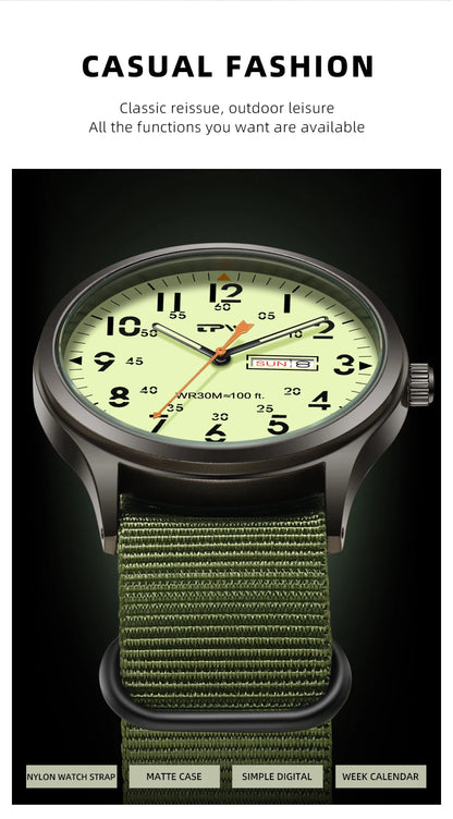 2026 TPW Field Watch Easy Reading Fabric Strap 24 Hours Display Quartz Movement