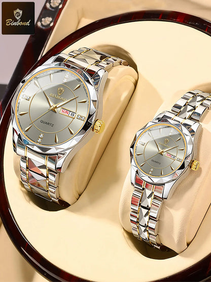 BINBOND Fashion Couple Watches Waterproof Diamond Valentine Day Lover Gift Stainless Steel Watch Men Women Quartz Watch 2pcs