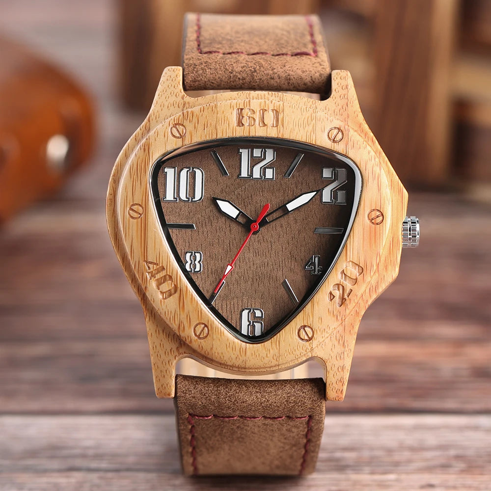 Unique Wooden Watches for Men Sport Racing Design Geometric Triangle Man's Quartz Watch Bamboo Relogio Masculino Orologio Uomo