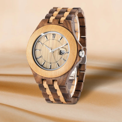 Fashion Men Natural Wood Watch Luminous Dial Date Calendar Fold Clasp Lightweight Casual Quartz Wristwatch