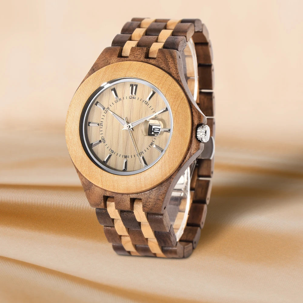 Fashion Men Natural Wood Watch Luminous Dial Date Calendar Fold Clasp Lightweight Casual Quartz Wristwatch