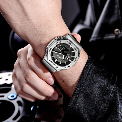 Sports Digital Electronic Unisex Watch Stainless Steel Strap LED Dual Display Multi Function Alloy Large Dial Wristwatch