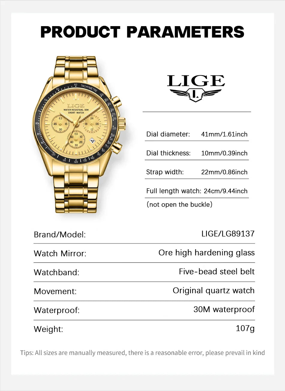 LIGE Top Brand Luxury New Mens Watches Waterproof Luminous Watch for Men Date Chronograph Sport Quartz Man Wristwatches+Box