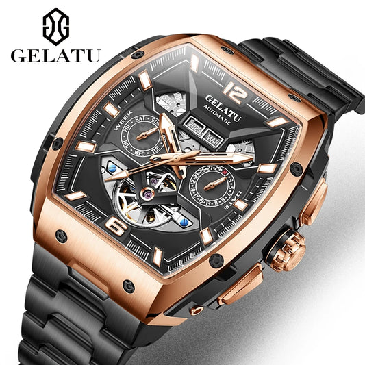 Reloj Hombre Watches Mens GELATU Top Brand Luxury Rose Black Skeleton Tourbillon Automatic Mechanical Watch for Men Waterproof
