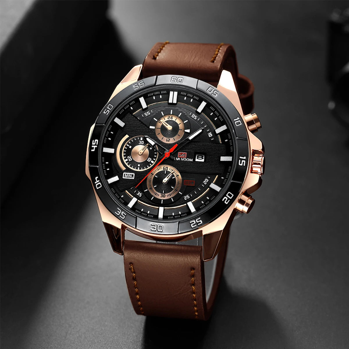 Men Sports Watch 46mm Black Leather Racing Series Everyday Wear  Fashion Original Rose Gold Dial Quartz Watches Relogio Masculin