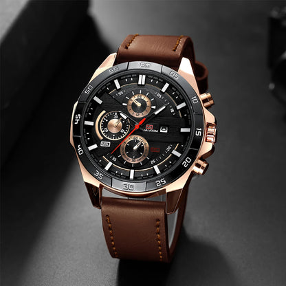 Men Sports Watch 46mm Black Leather Racing Series Everyday Wear  Fashion Original Rose Gold Dial Quartz Watches Relogio Masculin