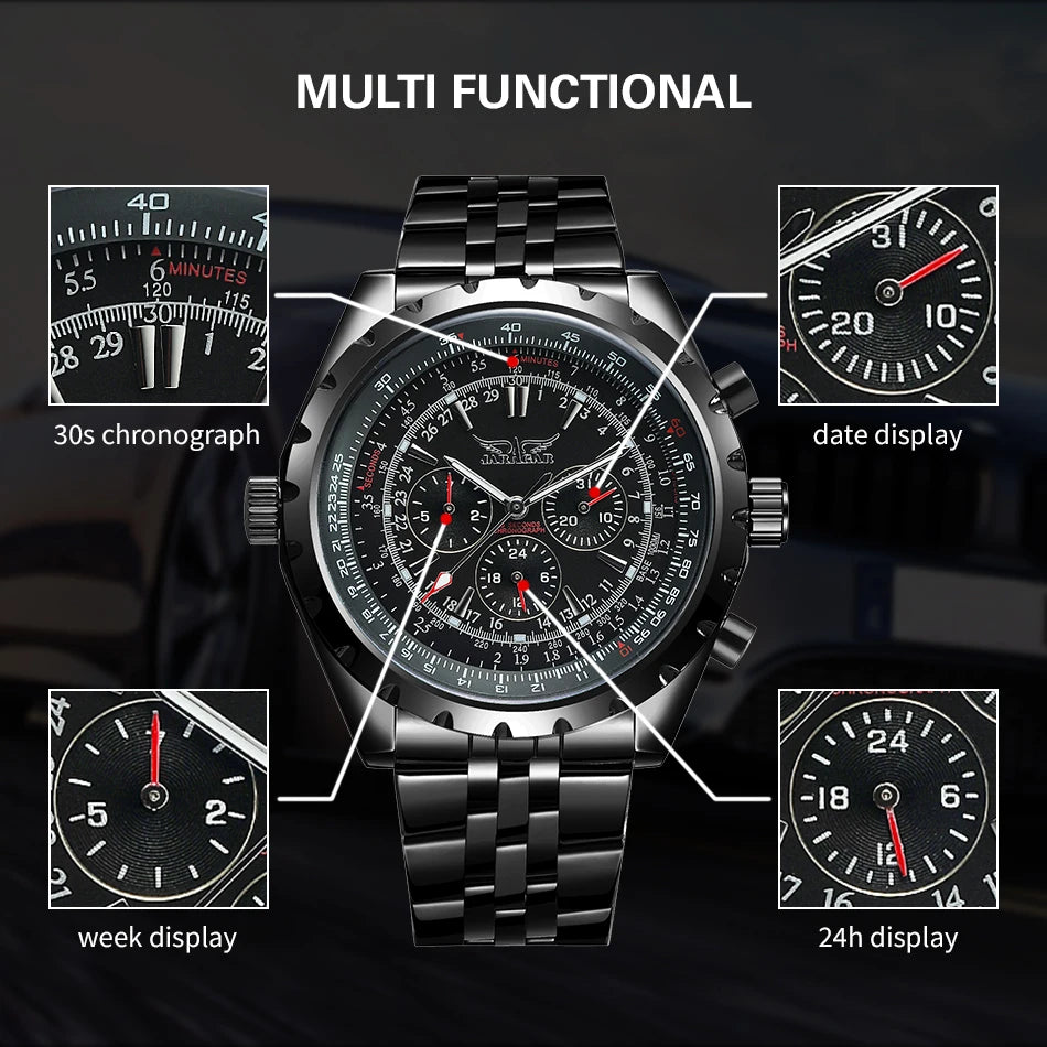 JARAGAR Original Blue Glass Big Dial Multifunctional Automatic Men's Watches Stainless Steel Vintage Mechanical Waterproof Clock