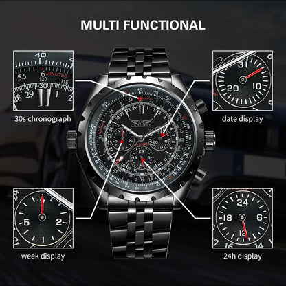 JARAGAR Original Blue Glass Big Dial Multifunctional Automatic Men's Watches Stainless Steel Vintage Mechanical Waterproof Clock