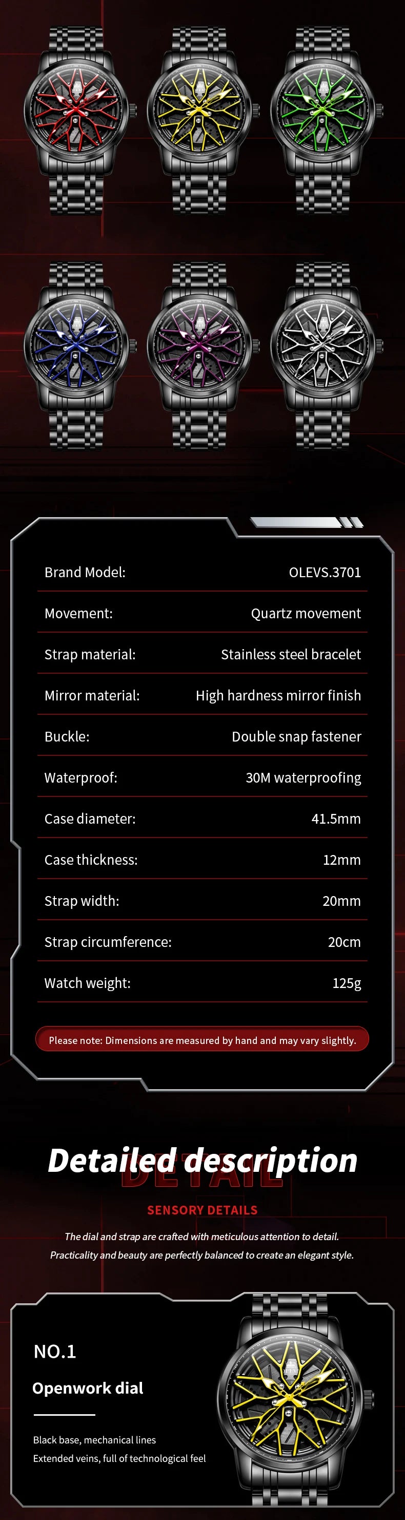 OLEVS Fashion Watch for Men Sport Car Rim Wheel Hub 360° Rotary Dial Quartz Watches Waterproof Stainless Steel Men's Wristwatch