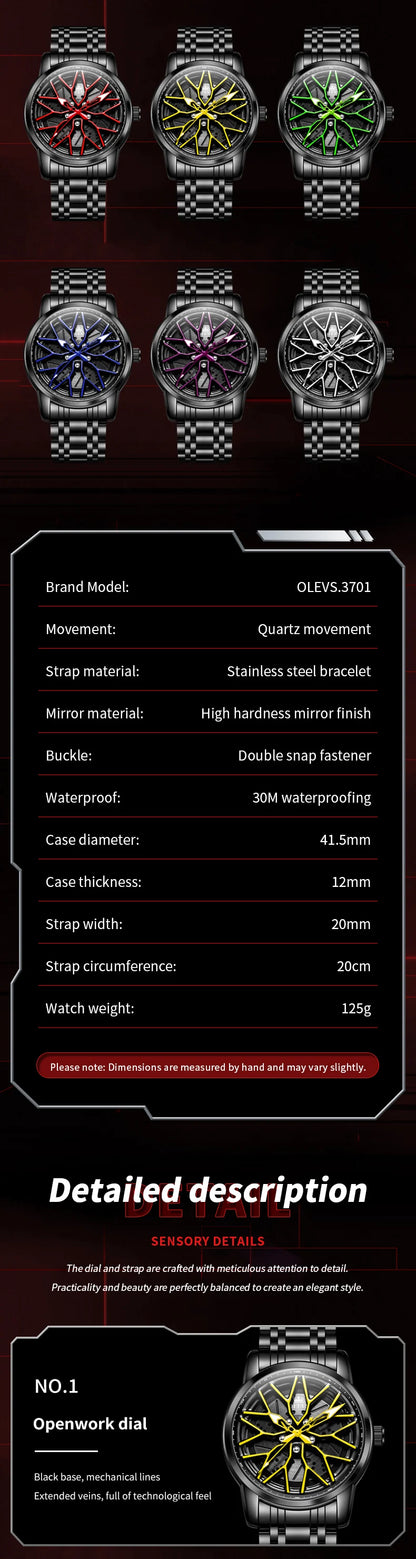 OLEVS Fashion Watch for Men Sport Car Rim Wheel Hub 360° Rotary Dial Quartz Watches Waterproof Stainless Steel Men's Wristwatch