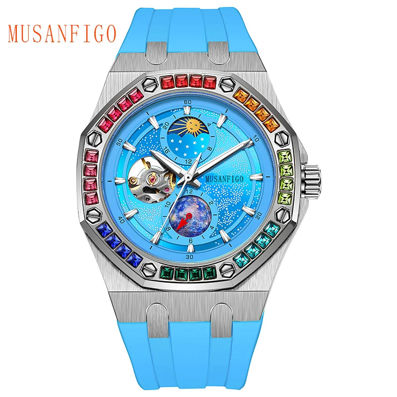 Men's Automatic Watch, Waterproof Watch, Rhinestone, Super Luminous Sun, Moon and Stars, Dial, Skeleton, Men's Gift Watch