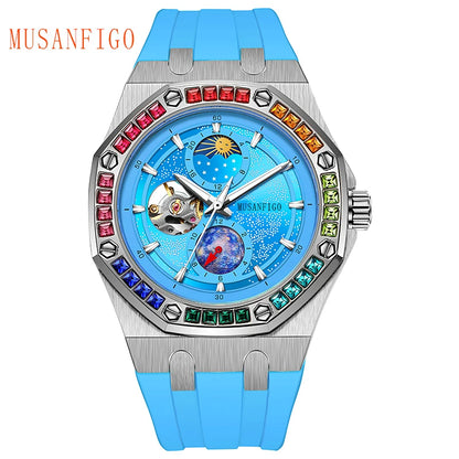 Men's Automatic Watch, Waterproof Watch, Rhinestone, Super Luminous Sun, Moon and Stars, Dial, Skeleton, Men's Gift Watch