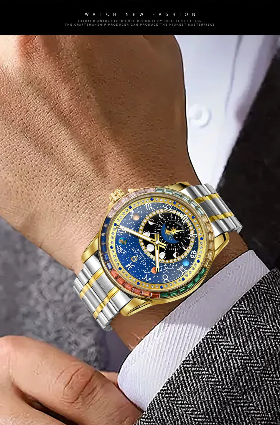 2026 GLENAW New Design Rainbow Circle Mechanical Watch Men Constellation Dial Night Light Waterproof Top Luxury Mechanical Watch