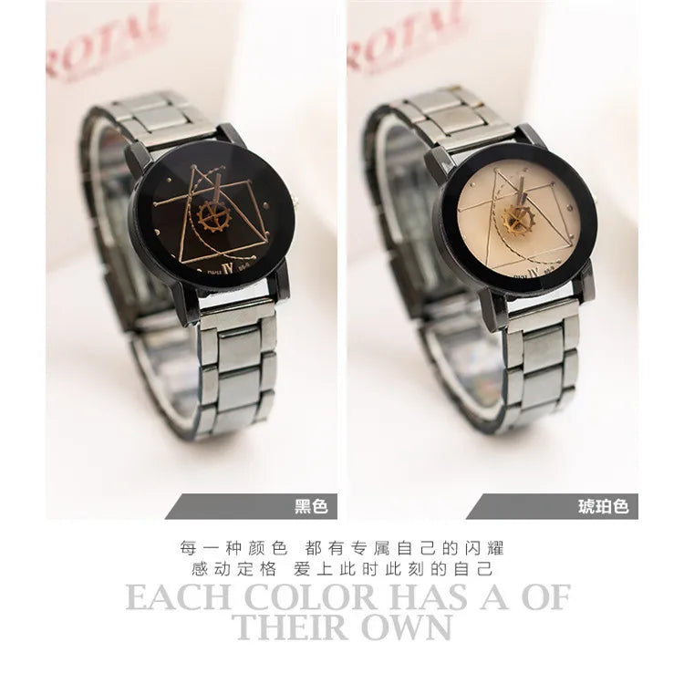 New Couple Watches Men Gear Triangle Pointer Compass Dial Second Hand Watch Women Stainless Steel Watches Relogio Feminino Clock