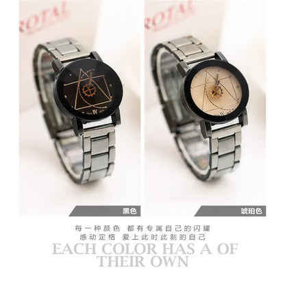 New Couple Watches Men Gear Triangle Pointer Compass Dial Second Hand Watch Women Stainless Steel Watches Relogio Feminino Clock