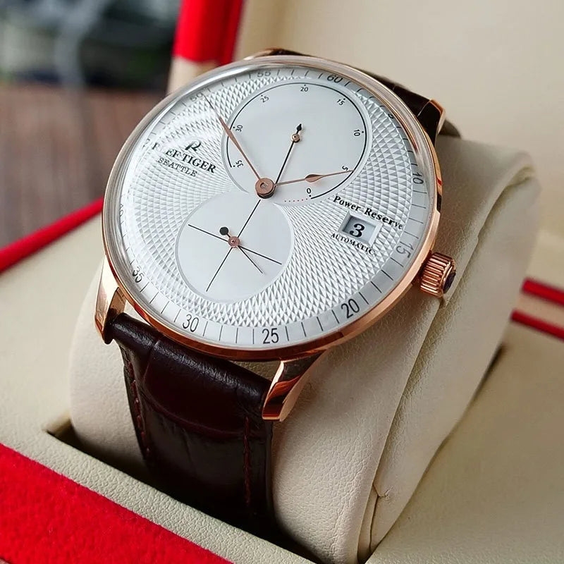 Waterproof Mechanical Watch for Men with Date and Power Reserve Display Stainless Steel Case sapphire Crystal 42mm Large Dial