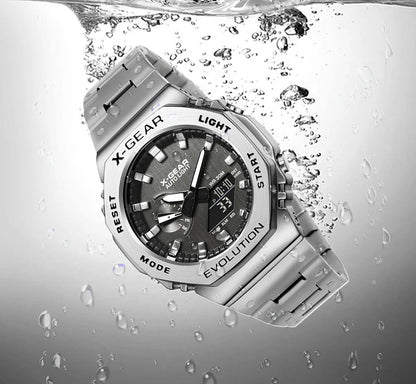 Sports Digital Electronic Unisex Watch Stainless Steel Strap LED Dual Display Multi Function Alloy Large Dial Wristwatch
