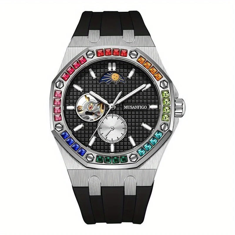 Men's Automatic Watch, Waterproof Watch, Rhinestone, Super Luminous Sun, Moon and Stars, Dial, Skeleton, Men's Gift Watch
