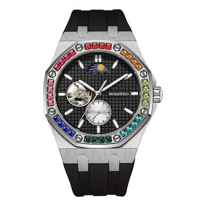 Men's Automatic Watch, Waterproof Watch, Rhinestone, Super Luminous Sun, Moon and Stars, Dial, Skeleton, Men's Gift Watch