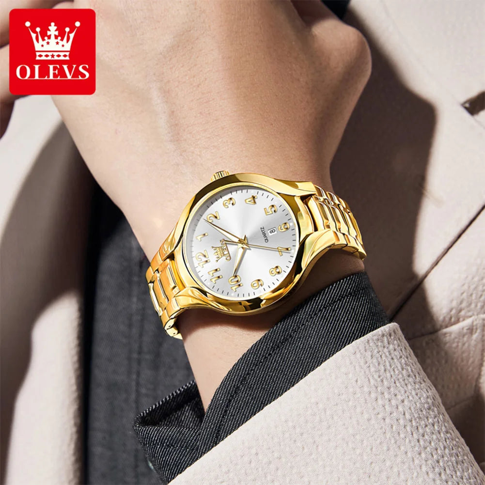 OLEVS 3650 Gold Watches for Men Classic Large Digital Dial Auto Date Waterproof Luminous Original Men's Quartz Wristwatch New