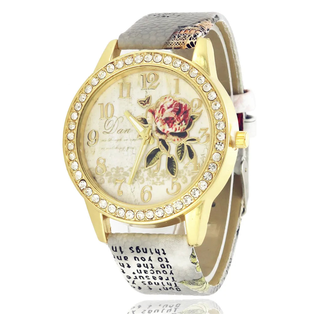 Fashion Ladies Watches Women Printed Flower Watch Luxury Casual Quartz Leather Wrist Watch Fashion Female Dress Clocks Relogio
