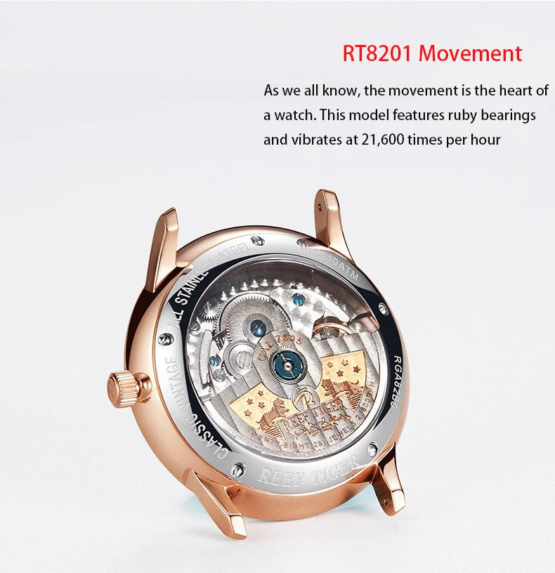 Waterproof Mechanical Watch for Men with Date and Power Reserve Display Stainless Steel Case sapphire Crystal 42mm Large Dial