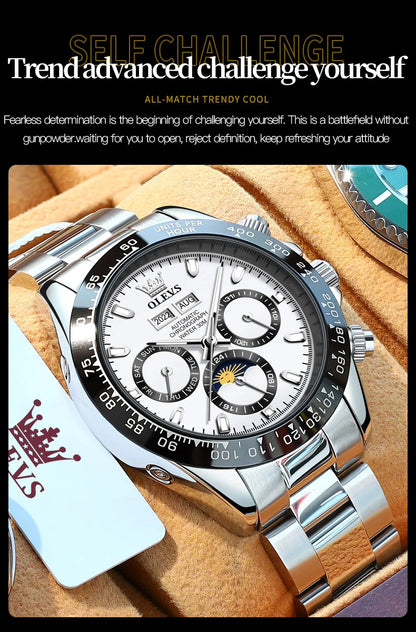 OLEVS 6654 Top Brand Men's Watches Classic Fashion Automatic Mechanical Watch for Man Complete Calendar Moon Phase Waterproof