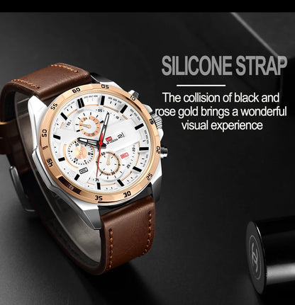 Men Sports Watch 46mm Black Leather Racing Series Everyday Wear  Fashion Original Rose Gold Dial Quartz Watches Relogio Masculin