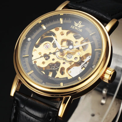 Fashion Men Mechanical Wristwatch, PU Leather Band, Mineral Reinforced Glass Mirror,BusinessCasual Male Wrist Watch forDaily Use
