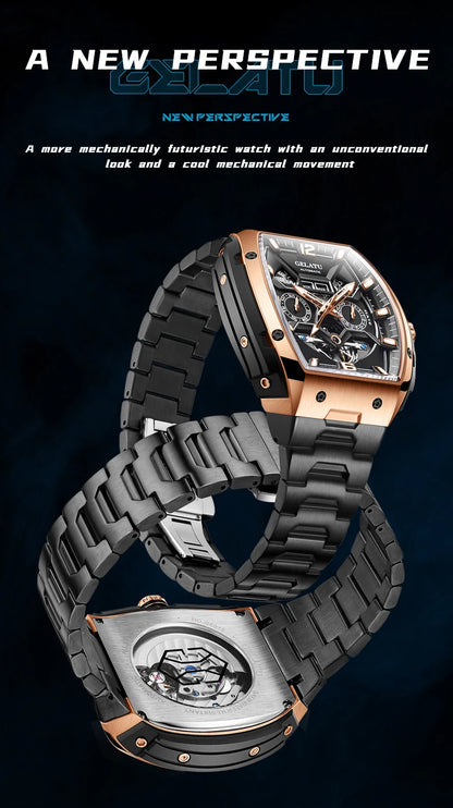 Reloj Hombre Watches Mens GELATU Top Brand Luxury Rose Black Skeleton Tourbillon Automatic Mechanical Watch for Men Waterproof