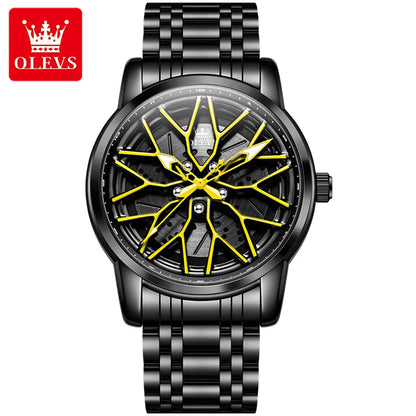 OLEVS Fashion Watch for Men Sport Car Rim Wheel Hub 360° Rotary Dial Quartz Watches Waterproof Stainless Steel Men's Wristwatch