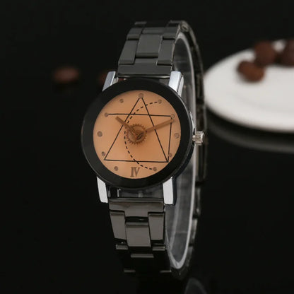 New Couple Watches Men Gear Triangle Pointer Compass Dial Second Hand Watch Women Stainless Steel Watches Relogio Feminino Clock