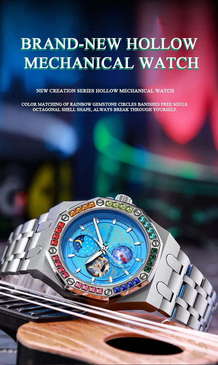 Men's Automatic Watch, Waterproof Watch, Rhinestone, Super Luminous Sun, Moon and Stars, Dial, Skeleton, Men's Gift Watch