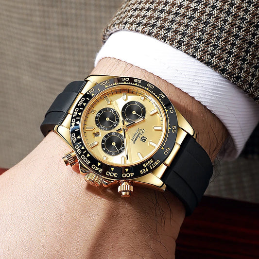 Fashion Sport Men Self‑winding Mechanical Watch Dial Gold Case Silicone Band Luminous Calendar Male Wristwatch